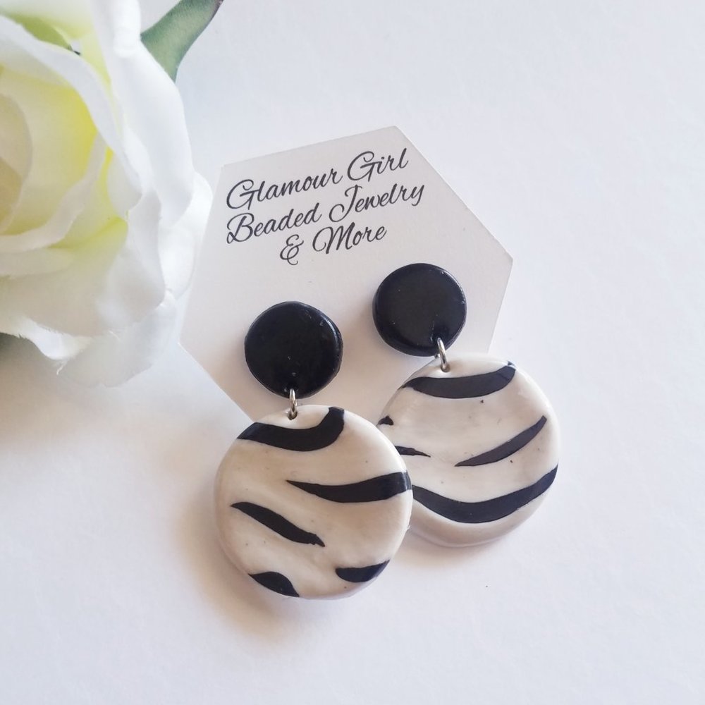 Zebra Print Polymer Clay Drop Earrings